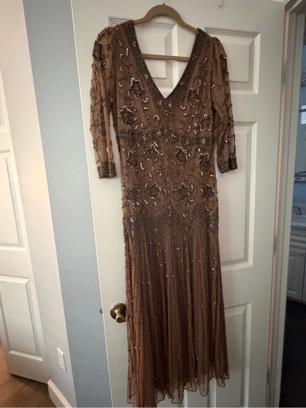 Rene Ruiz Beaded V-Neck Maxi Dress in Taupe